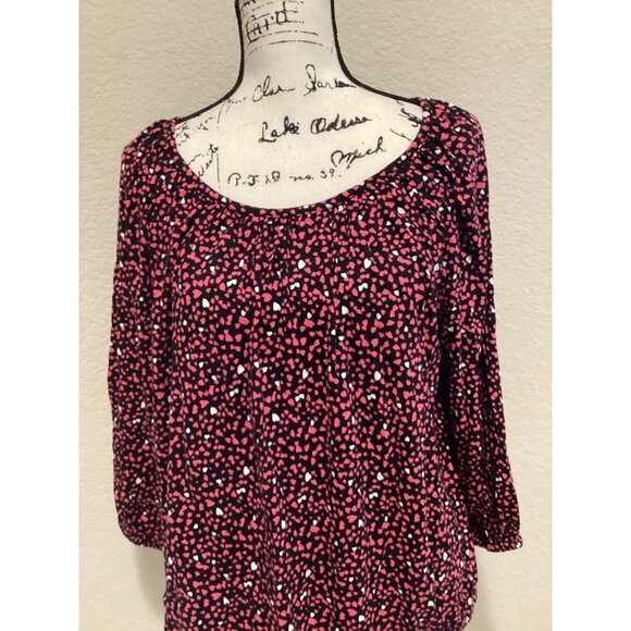 Michael Kors Womens Pink & Black Heart Print Blouse With 3/4 Sleeves Scoop Neck - Picture 3 of 6